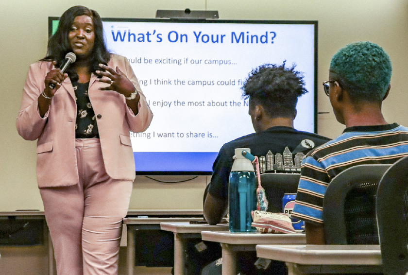 Interim NE Campus President Jan Clayton hosts presentation about the various plans for campus improvement.